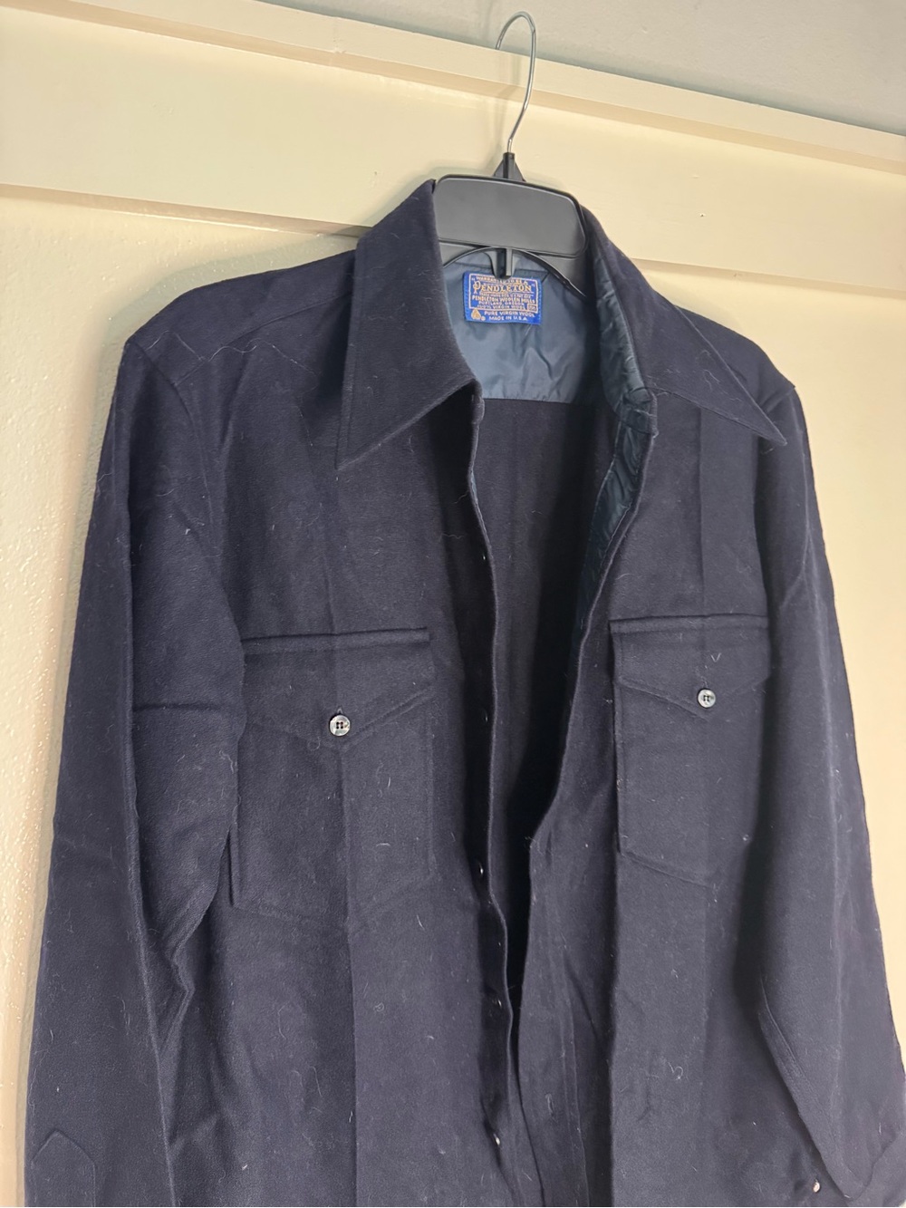 Vintage Pendleton Pure Virgin Wool Navy Button Up Shirt Jacket USA Made 15.5 - Picture 4 of 10